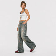Women Pastel Chain Dirty Wash Wide Leg Baggy Streetwear Jeans - 601