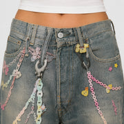 Women Pastel Chain Dirty Wash Wide Leg Baggy Streetwear Jeans - 601