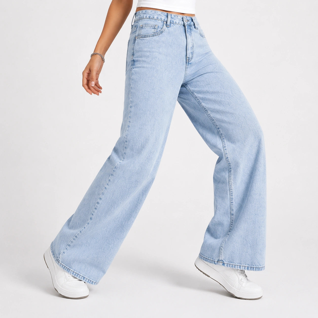 Women High Waist Wide Leg Jeans – Light Blue Wash - 603