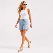 Light wash denim shorts with double button waist and front pockets