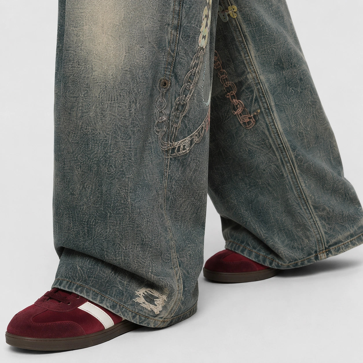 Women Pastel Chain Dirty Wash Wide Leg Baggy Streetwear Jeans - 601