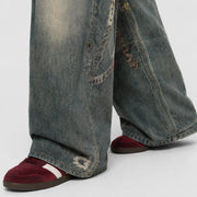 Women Pastel Chain Dirty Wash Wide Leg Baggy Streetwear Jeans - 601