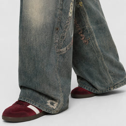 Women Pastel Chain Dirty Wash Wide Leg Baggy Streetwear Jeans - 601